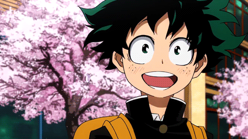 Gif of Deku from My Hero Academia smiling in front of cherry trees.